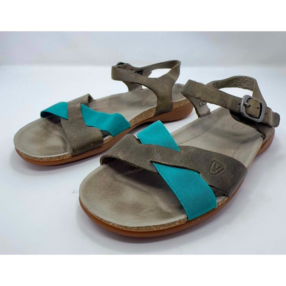 KEEN Dauntless Sandals Womens US 6 EU 36 Leather Cork Taupe Blue Comfort Casual